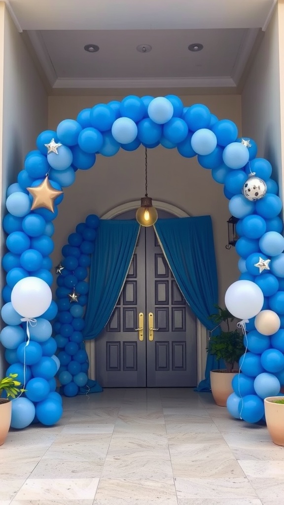 An entrance decorated with a blue balloon arch, potted plants, and curtains, welcoming guests to a baby boy baby shower.