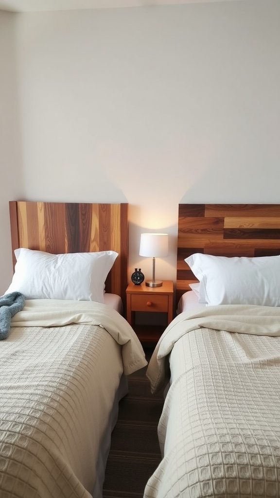 Two beds with wooden headboards in a cozy bedroom.