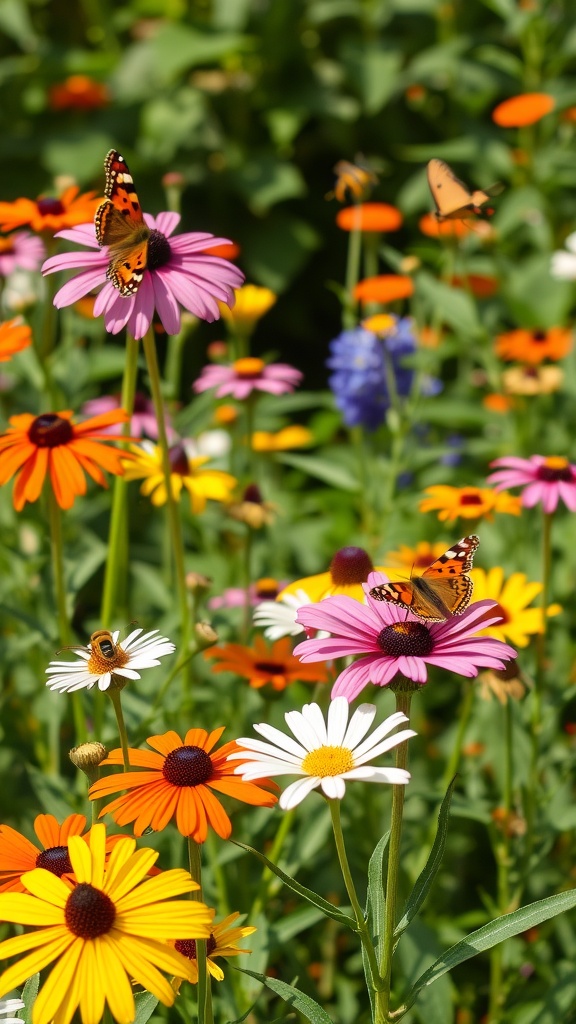 Colorful garden filled with daisies and coneflowers, surrounded by butterflies and bees