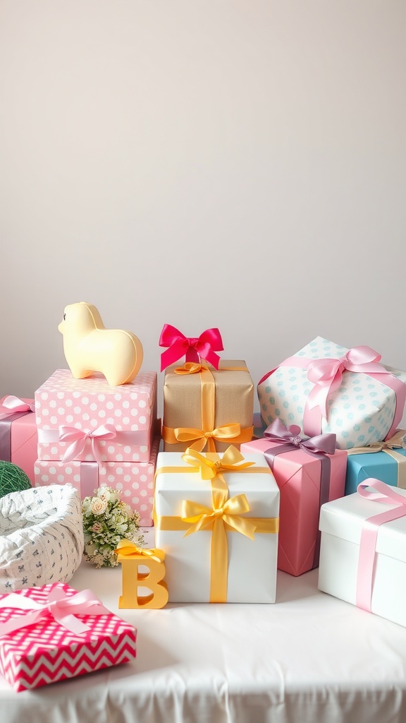 A beautifully arranged gift table for a baby boy shower with colorful presents and a yellow duck decoration.