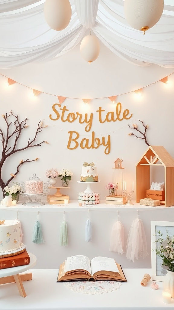 A charming storybook-themed baby shower setup with decorations, cakes, and an open book.