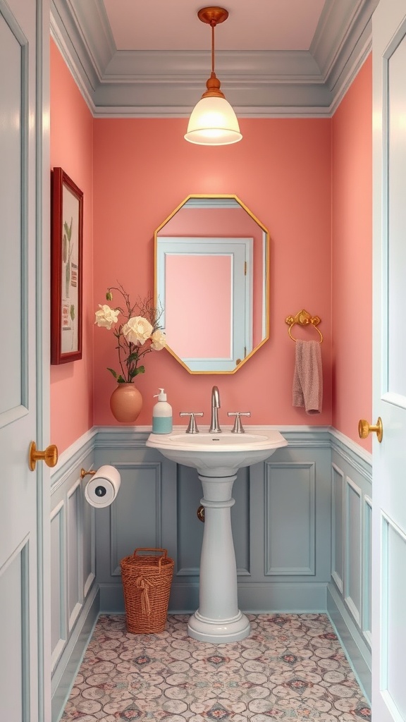 A beautifully designed powder room featuring pink walls, blue wainscoting, a white pedestal sink, and stylish decor.