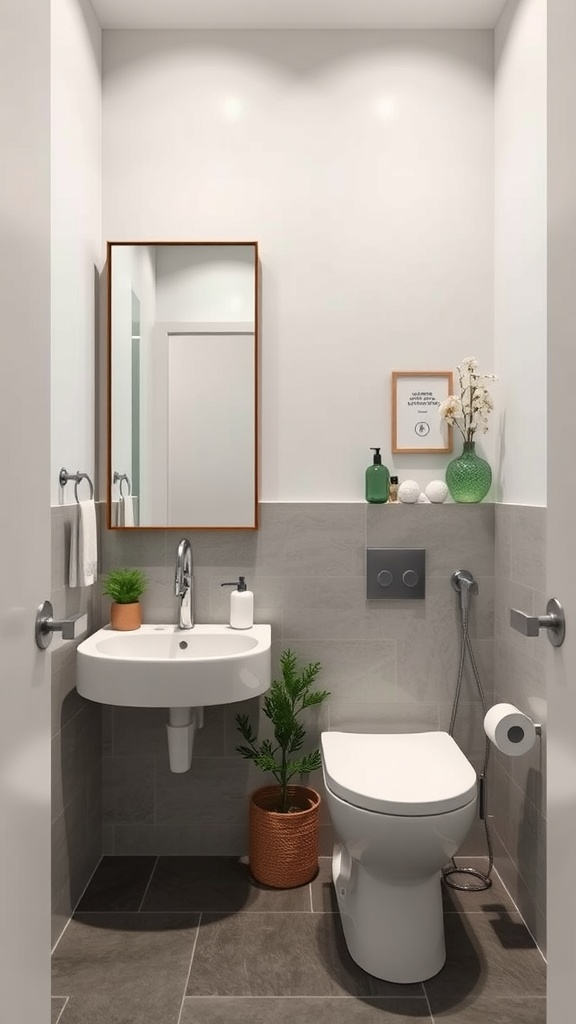 An eco-friendly powder room with a minimalist design featuring a round sink, water-efficient toilet, and potted plants.