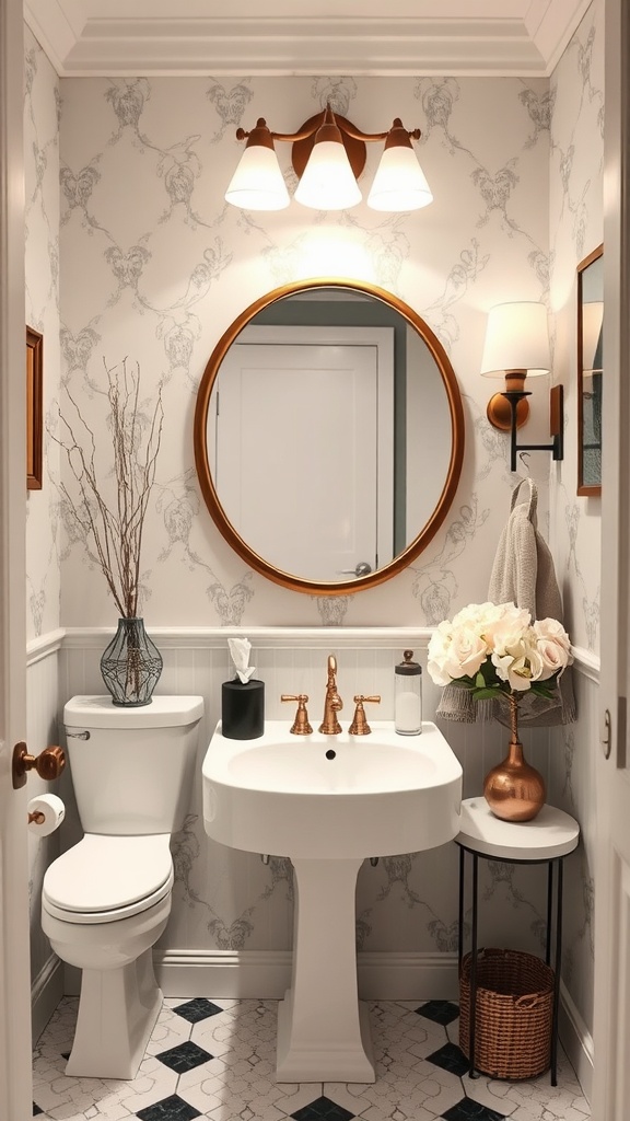 A stylish powder room featuring a round mirror, elegant lighting, and tasteful accessories.