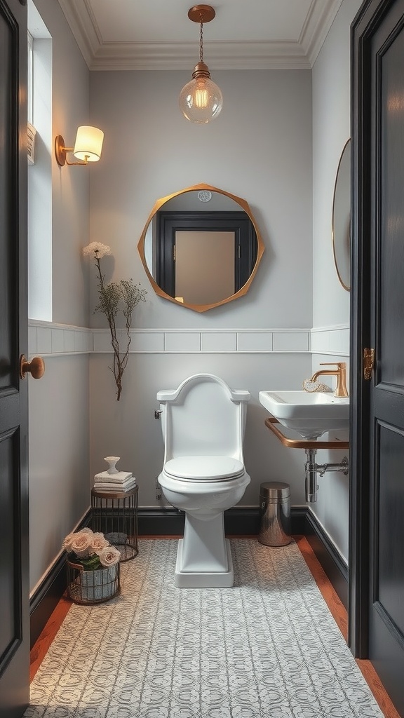 Stylish powder room with elegant flooring, gray walls, and decorative accents.