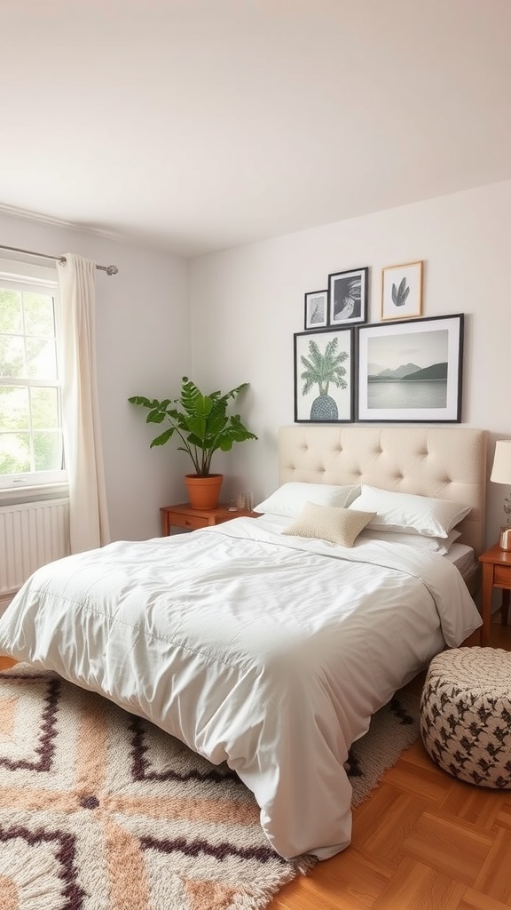 A cozy shared bedroom featuring a neatly made bed and a textured rug with a geometric pattern.