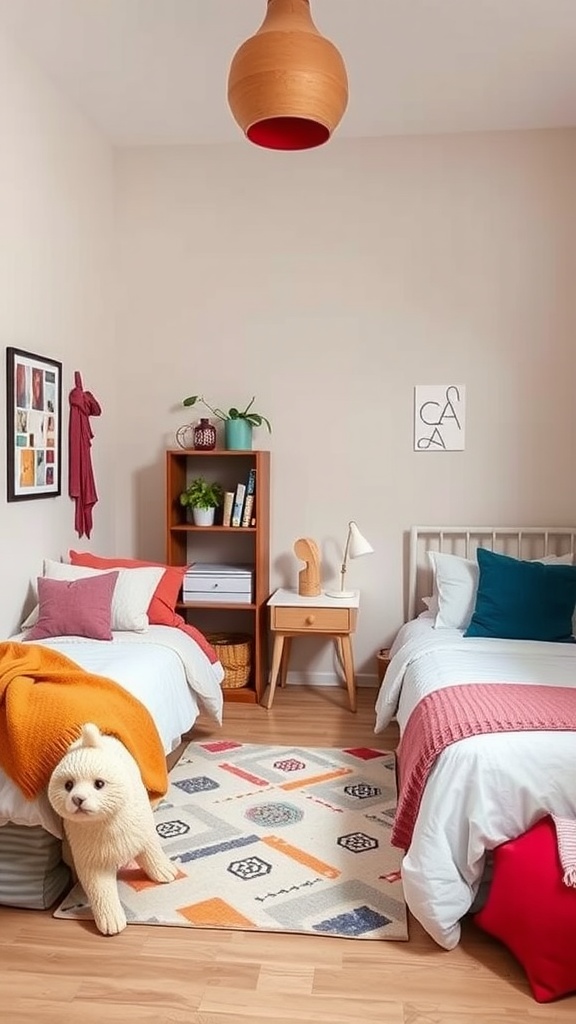 A cozy shared bedroom with two beds, colorful cushions, a patterned rug, and a warm color palette.