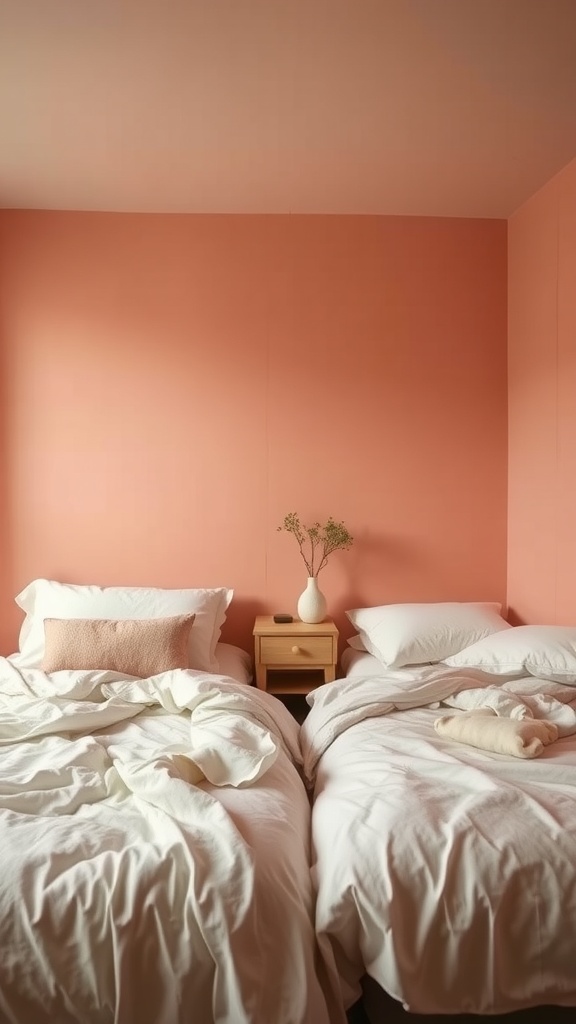 A cozy small shared bedroom with two beds, coral walls, and white bedding.