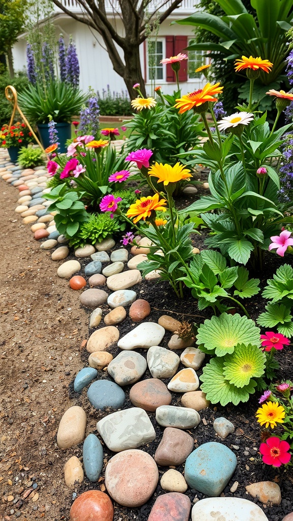 A colorful garden border made of smooth stones, surrounding vibrant flowers.