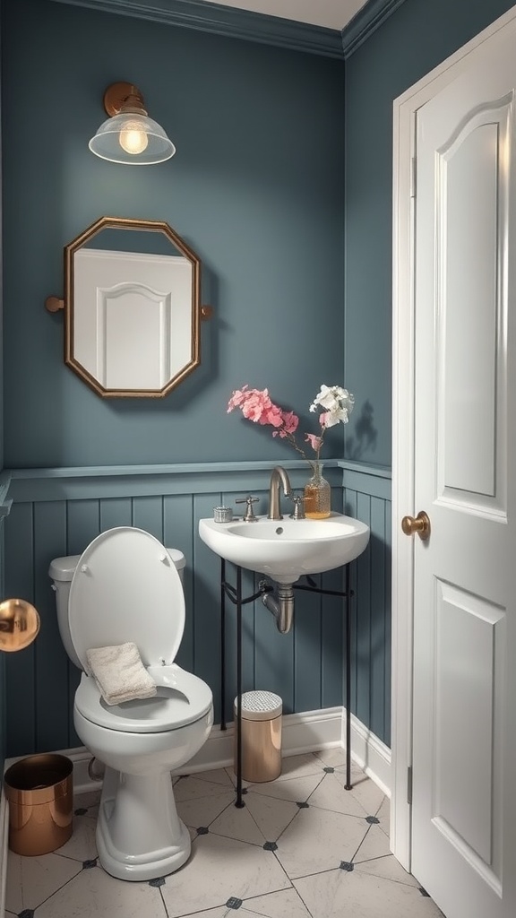 Powder room design featuring blue walls, white fixtures, and elegant details.