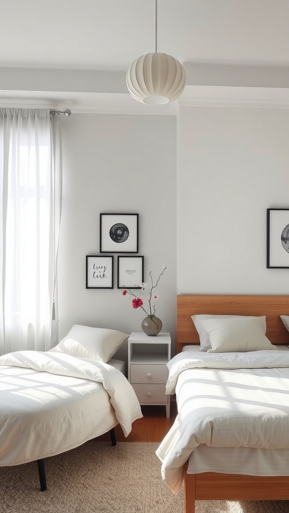A small shared bedroom featuring two twin beds, light bedding, and a cozy decor with framed art and a flower arrangement.
