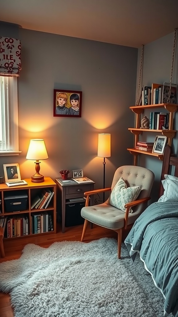 A cozy reading nook in a small shared bedroom featuring a comfortable chair, warm lighting, and a bookshelf.