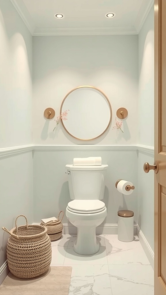 A serene powder room with a toilet, round mirror, and natural decor elements.