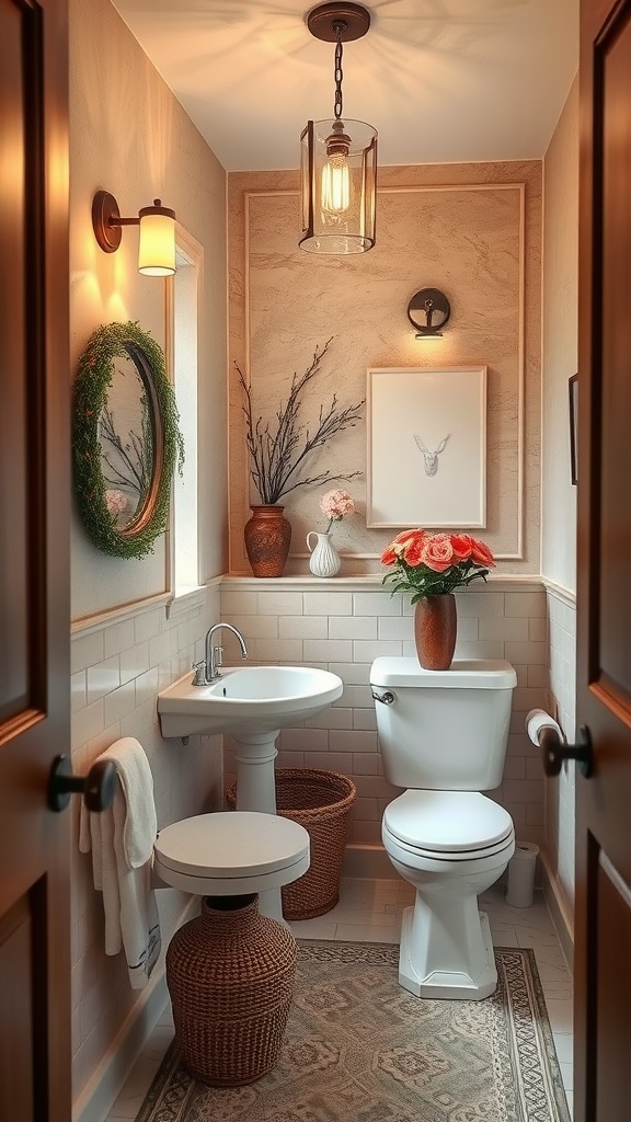 Cozy powder room with warm lighting, decorative elements, and fresh flowers.