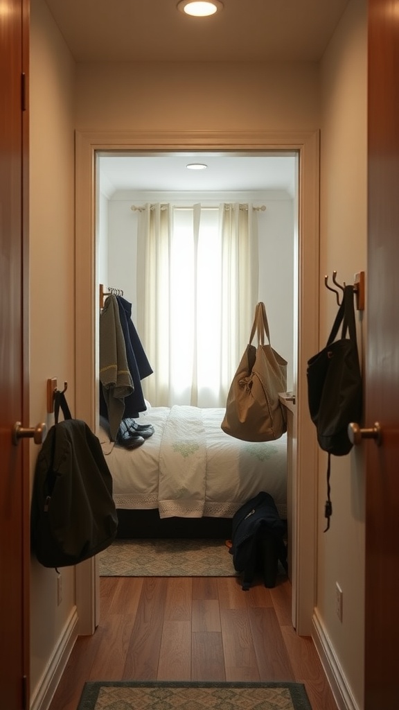 A small shared bedroom entryway with light-colored walls and wooden flooring, featuring bags and coats hanging on hooks.