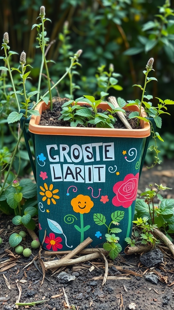 Colorful compost bin with plants and cheerful designs in a garden setting