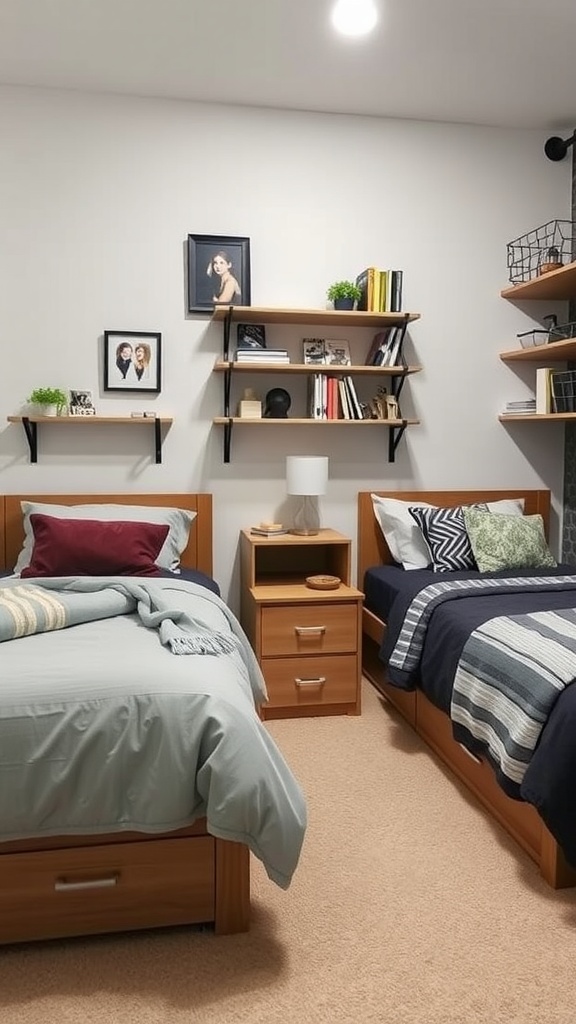 A cozy shared bedroom featuring two beds with built-in storage, wall-mounted shelves filled with books and decor, and a light color scheme.