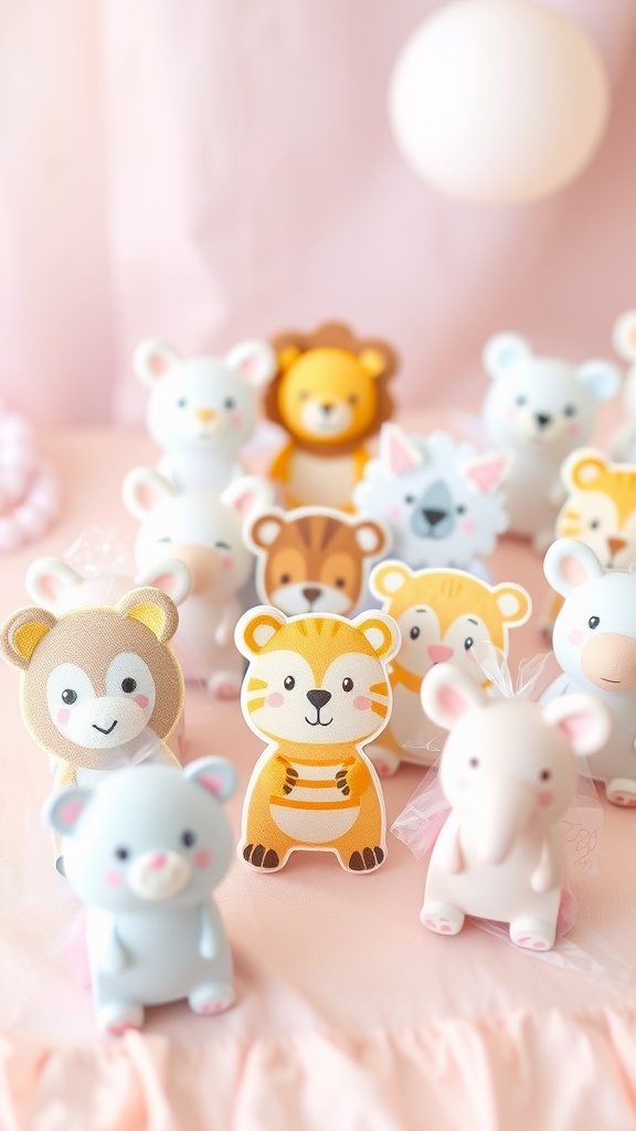 A collection of cute animal-themed favors for a baby shower, featuring a bear, tiger, elephant, and more, on a pink background.