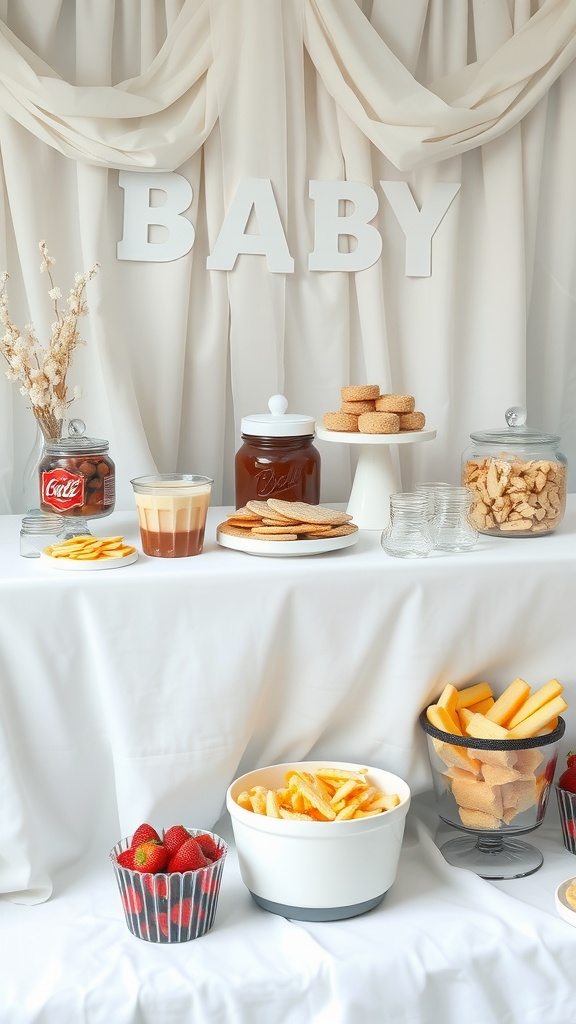 A snack and refreshment bar setup for a baby shower, featuring a variety of treats and a cheerful 'BABY' sign.