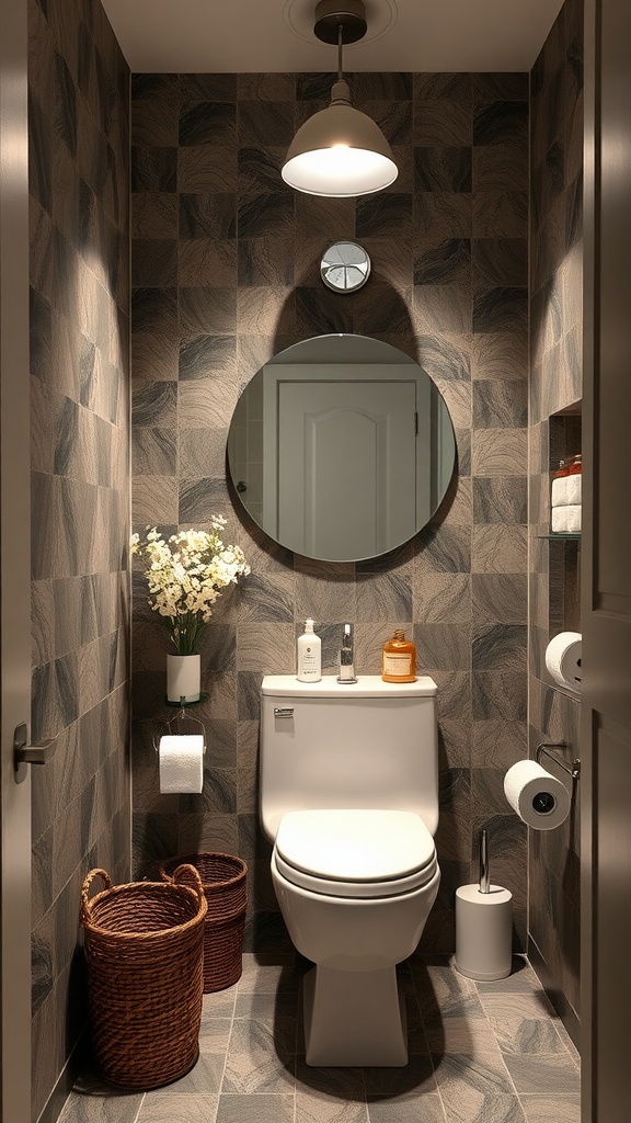 A stylish and functional powder room featuring earthy tones, textured wall tiles, a round mirror, and organized storage.