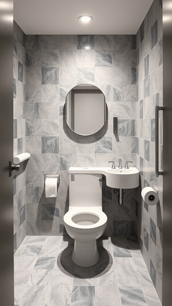 A compact powder room featuring a modern toilet, sink, and stylish round mirror with textured tiles.