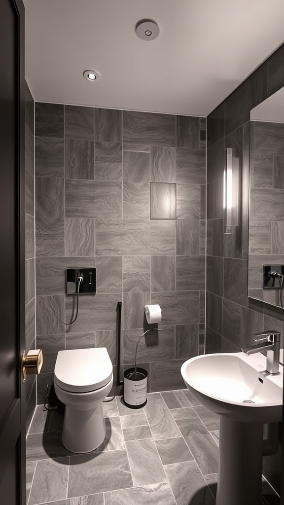 Modern powder room with gray tiles and sleek fixtures