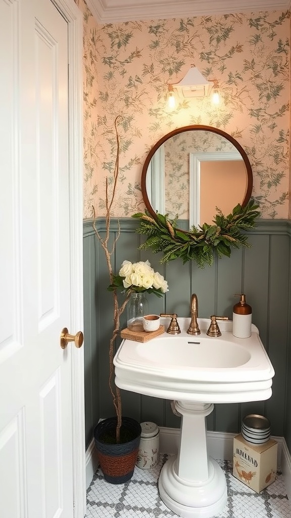 Stylish powder room with floral wallpaper, green wainscoting, and seasonal decor.