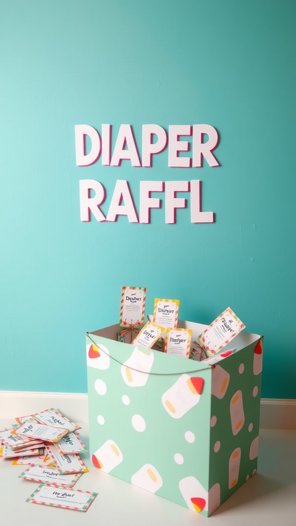 A cheerful diaper raffle setup with a colorful box and raffle tickets.
