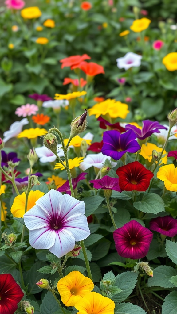 A vibrant garden filled with colorful flowers, showcasing a mix of red, purple, yellow, and white blooms.
