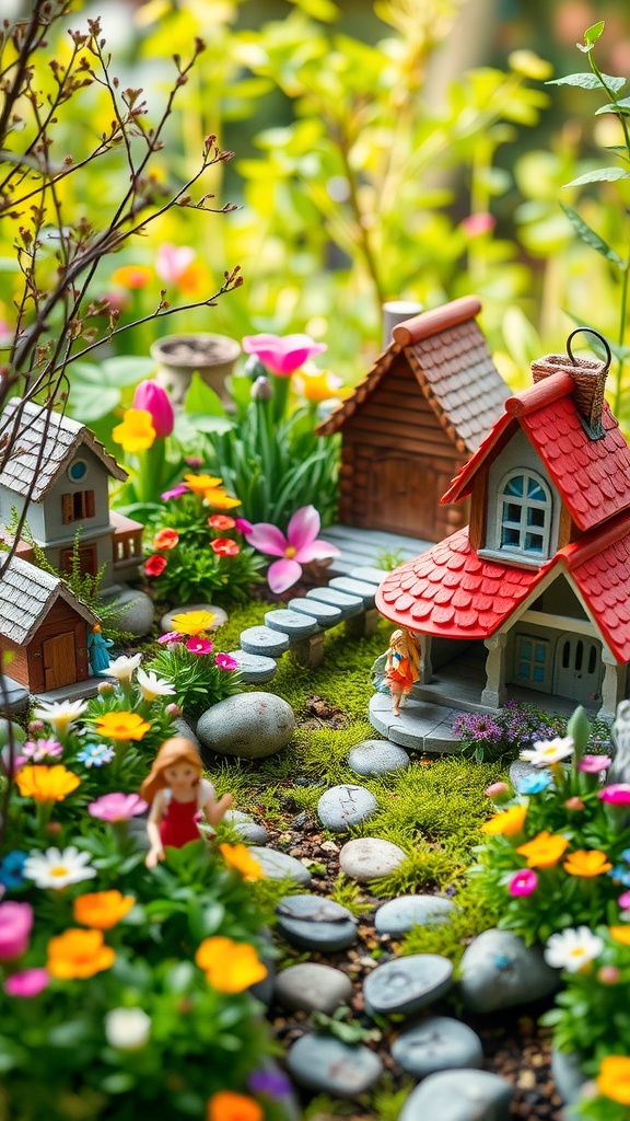 A whimsical fairy garden with tiny houses, flowers, and fairy figures.