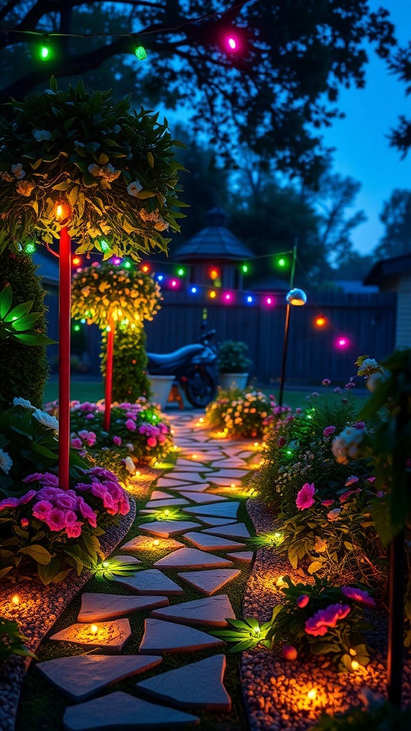 A beautifully lit garden pathway adorned with colorful fairy lights and vibrant flowers.