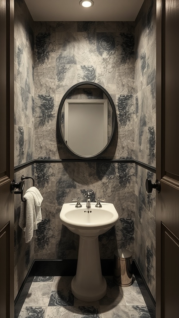 A stylish powder room featuring textured wallpaper, a circular mirror, and a pedestal sink.