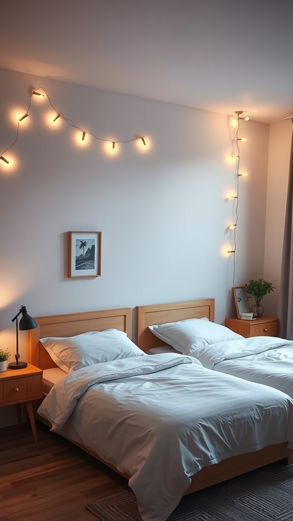 A small shared bedroom with two beds, warm string lights on the walls, and bedside lamps.