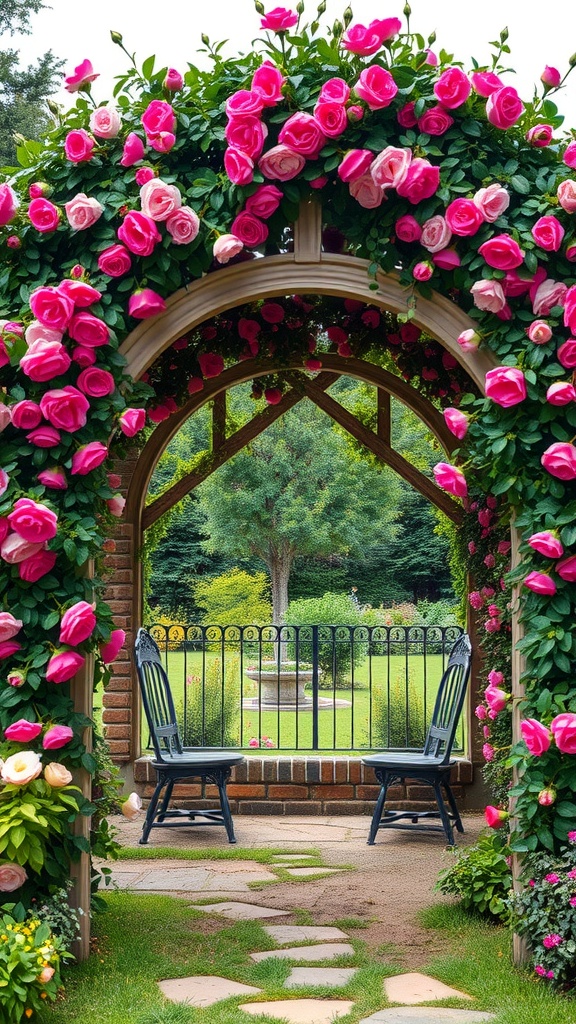 Flower-covered archway leading into a lush garden with chairs.