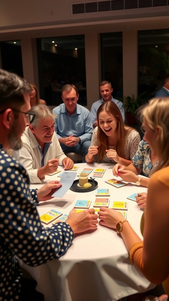 Group of people playing a trivia game at a baby shower, with colorful question cards on the table.