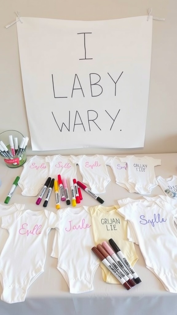 DIY onesie decorating station at a baby shower with fabric markers and decorated onesies.