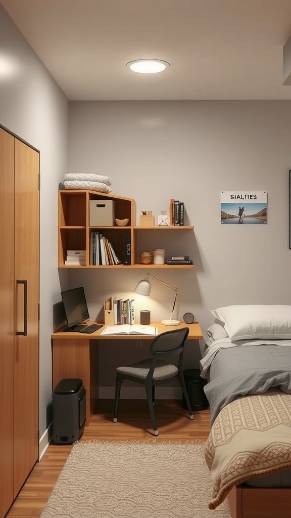 A small shared bedroom with a functional desk area for studying, featuring a laptop, books, and a lamp.