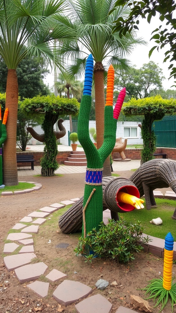 Colorful garden art installations featuring vibrant trees and playful sculptures