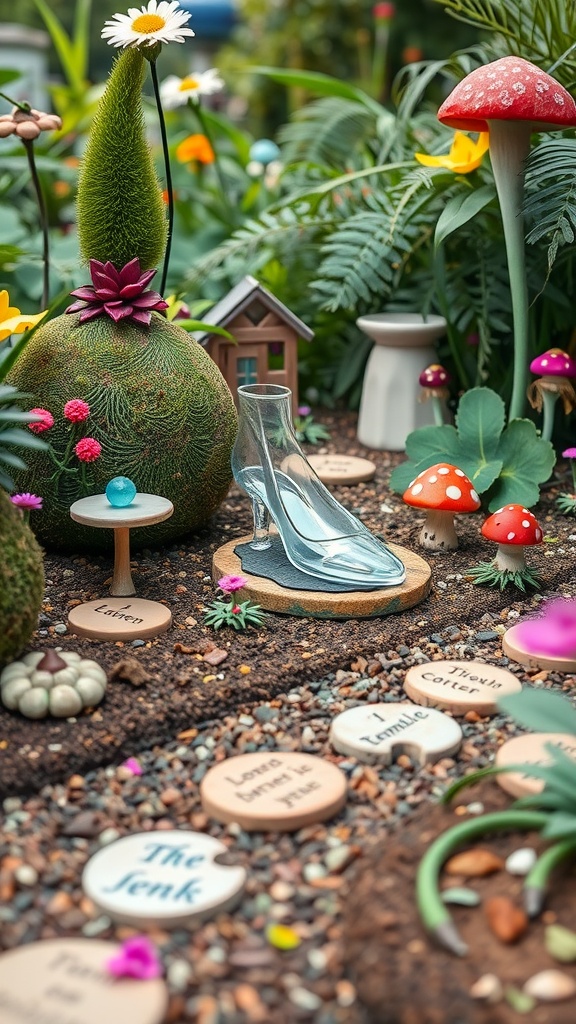 A whimsical garden featuring a glass slipper, colorful mushrooms, and playful stones.