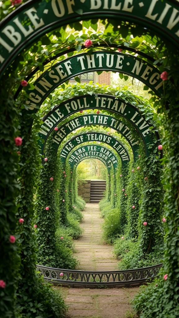 A beautiful garden tunnel lined with green vines and pink flowers, creating a mystical atmosphere.