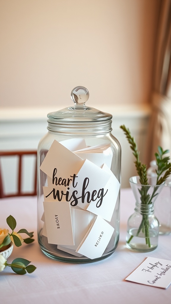 A glass jar labeled 'heart wishes' filled with white cards for writing messages, surrounded by greenery on a table