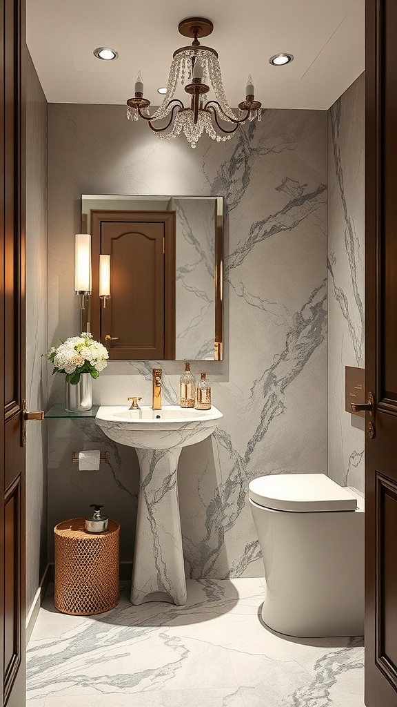 Luxurious powder room with marble walls, elegant sink, chandelier, and warm lighting.