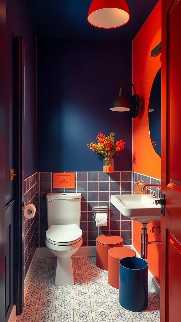 A bold powder room design featuring navy blue and orange walls, colorful stools, and vibrant lighting.