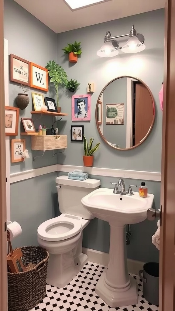 A charming powder room featuring eclectic art, plants, and a classic black-and-white floor.