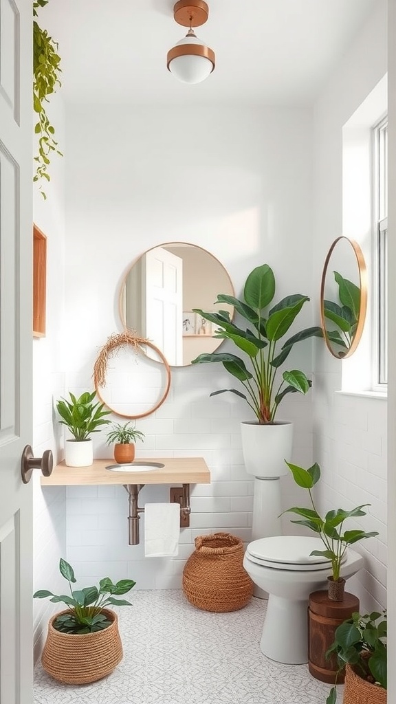 A beautifully designed powder room featuring greenery and natural elements, with plants in woven pots and a wooden vanity.