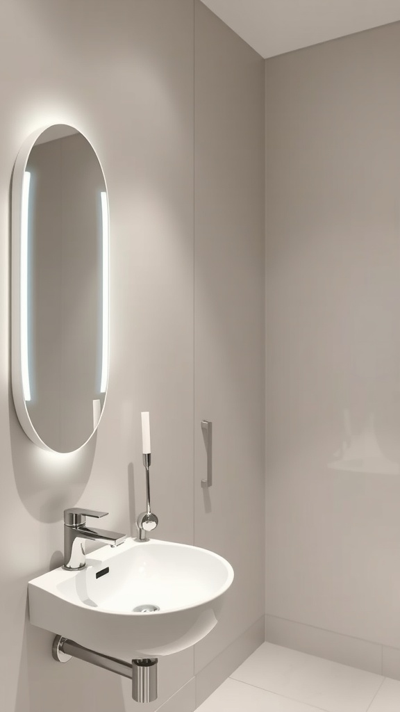 Modern powder room with a sleek sink and illuminated mirror