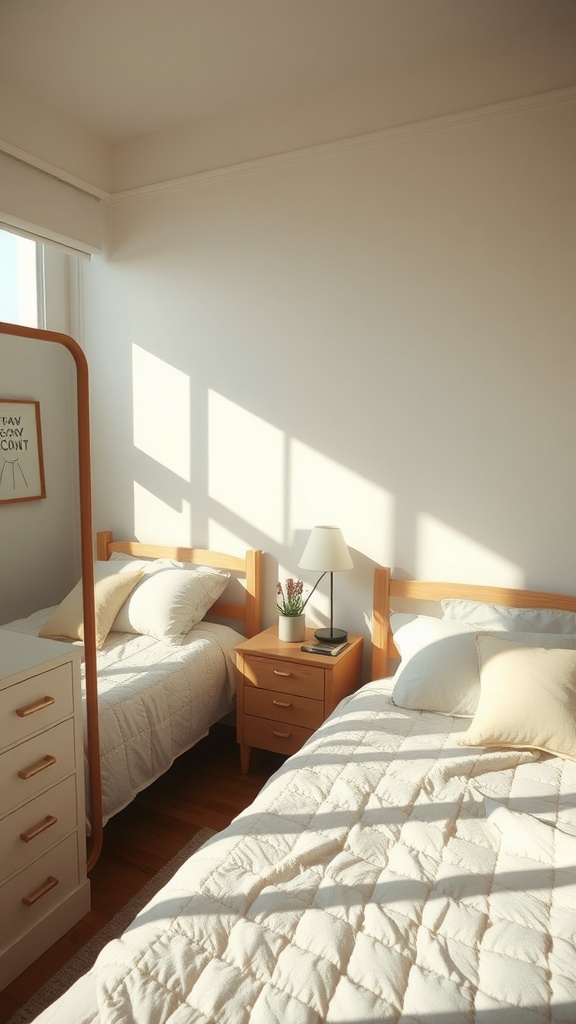 A small shared bedroom featuring two beds, a bedside table, and a mirror reflecting sunlight.