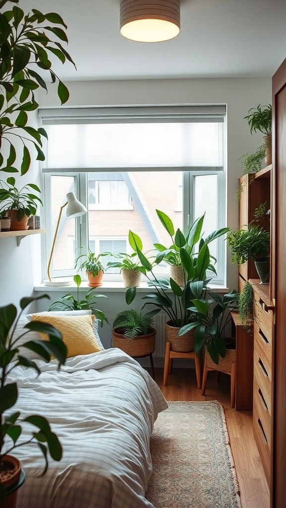 A cozy shared bedroom with multiple indoor plants, including potted plants on the windowsill and floor, creating a fresh and inviting atmosphere.