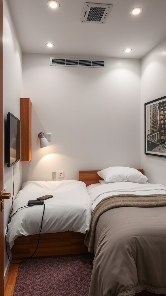 A small shared bedroom with two beds, a wall-mounted TV, and a charging area.