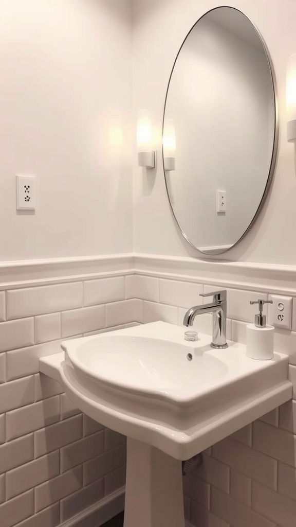 A modern powder room featuring a unique sink, oval mirror, and soft wall sconces with white subway tiles.